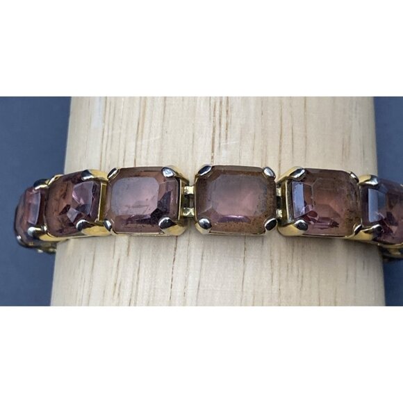 Vtg Monet Signed Purple Emerald Cut Glass Crystal Tennis Bracelet Gold Tone 7.5" - Picture 1 of 10